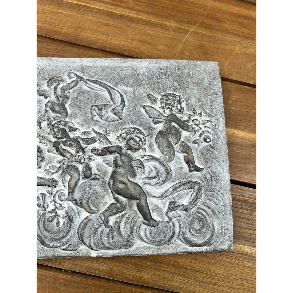 VTG 2000's Bas-Relief Plaque W Cherubs Plaster Wall Decor Grey 14